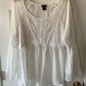 Chiffon and crochet peasant top with bell sleeve